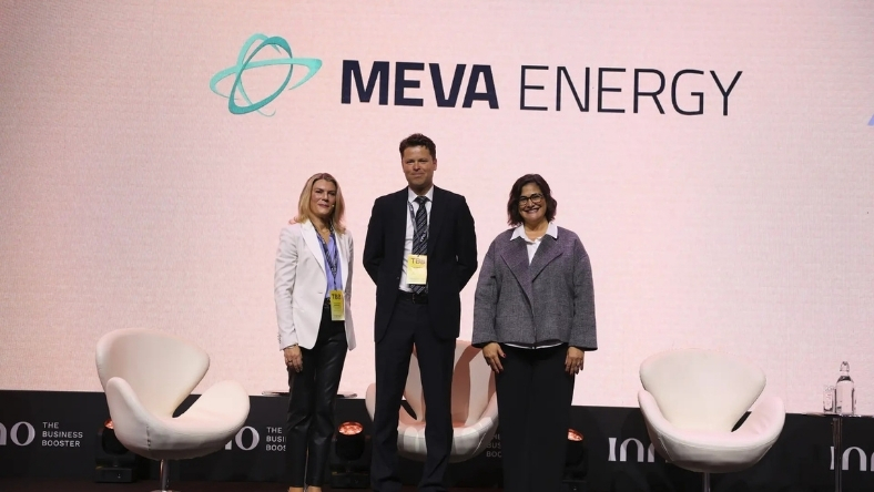 Meva Energy executives on stage following EIB-backed venture debt announcement