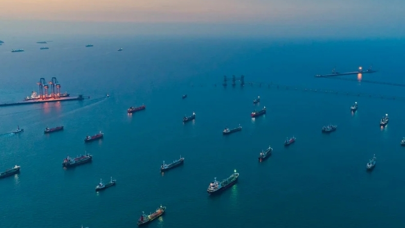 Cargo ships at sea representing biomethane use in maritime compliance