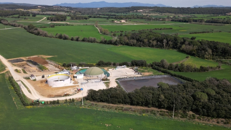 Aerial view of rural biogas plant facility