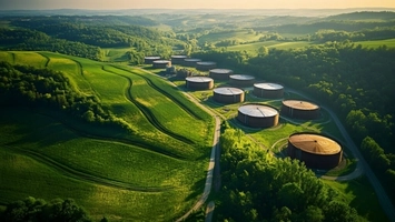 Aerial view of biogas storage facility with cylindrical tanks on landscape with forested valley